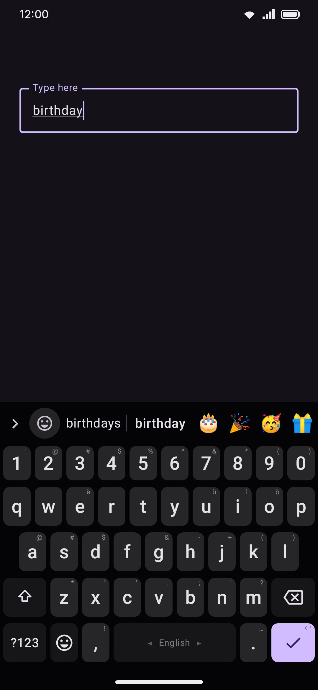 Emoji suggestions appended to the strip after typing a whole word.
